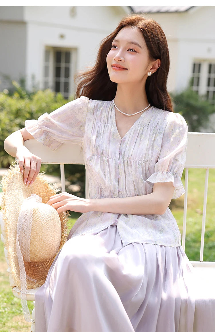 Damen-Lyocell-Bluse mit Reverskragen und Druckmuster – Einreihig und Komfortabel für Frühling und Sommer