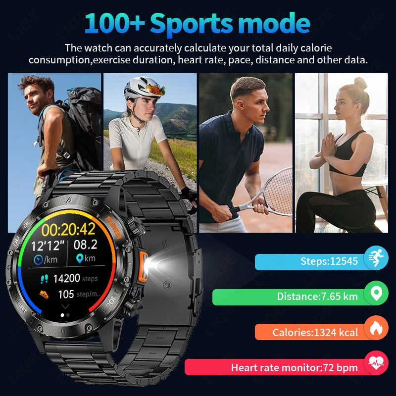 LIGE Neue 1,46 "Outdoor LED Taschenlampe Smart Uhr Männer Bluetooth Anruf Sport Fitness Herz Rate Smartwatch Für Android IOS telefon