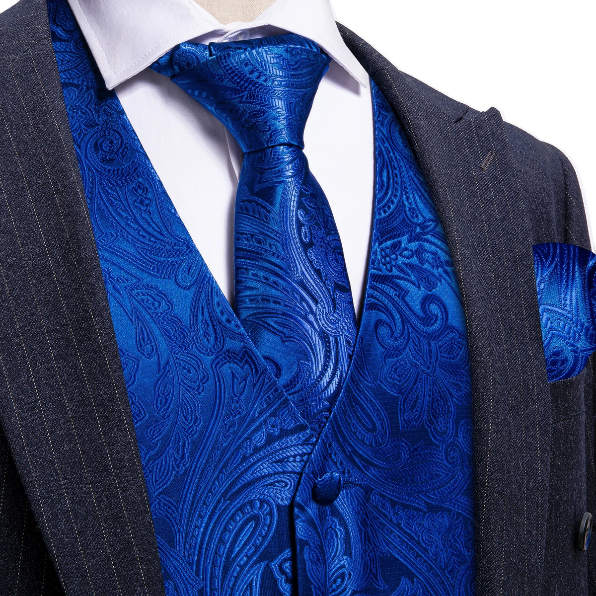 Blaue Seidenweste mit Paisley-Muster, Detail von Vorderseite und Knopfleiste