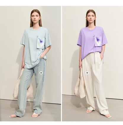 Damen T-Shirt im Minimalismus-Stil mit Taschen und elastischem O-Neck