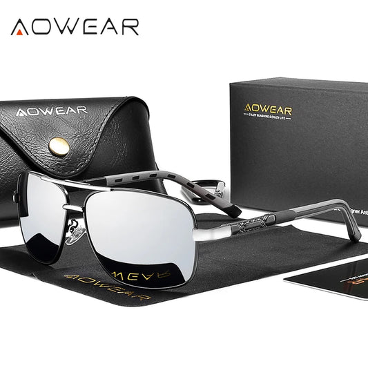 AOWEAR Sonnenbrille mit verspiegelten Linsen, schwarzer Rahmen und Brillenetui