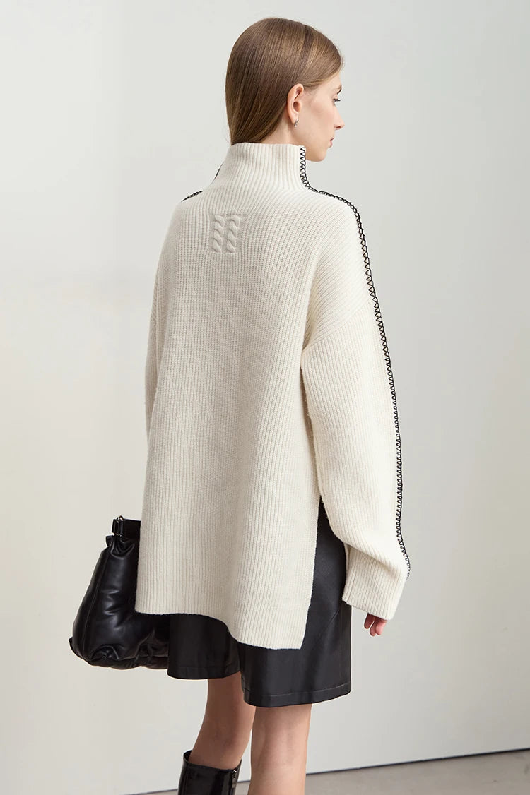 Damen-Rollkragenpullover Wolle Stickerei locker Weihnachten Winter