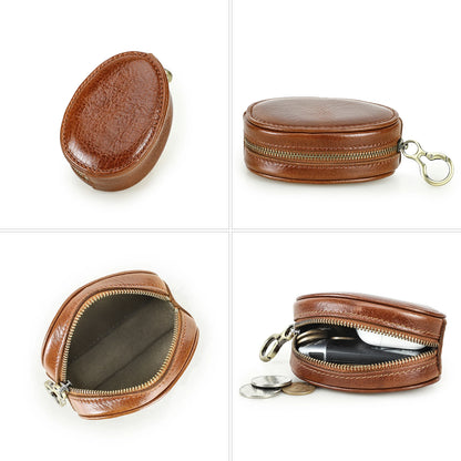 Ovale braune Leder-Mini-Geldbörse mit Zipper, Metallhaken und Innenfach