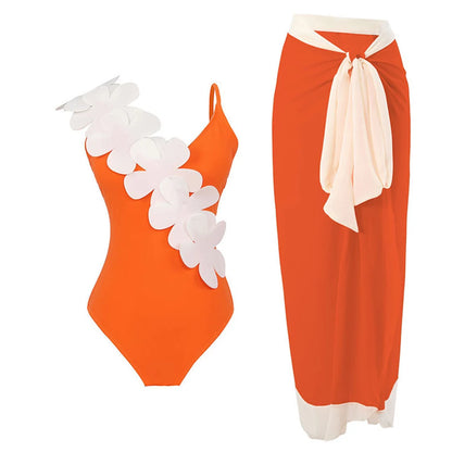 Damen Badeanzug Sarong 3D-Blumen tiefer V-Ausschnitt hoher Beinausschnitt