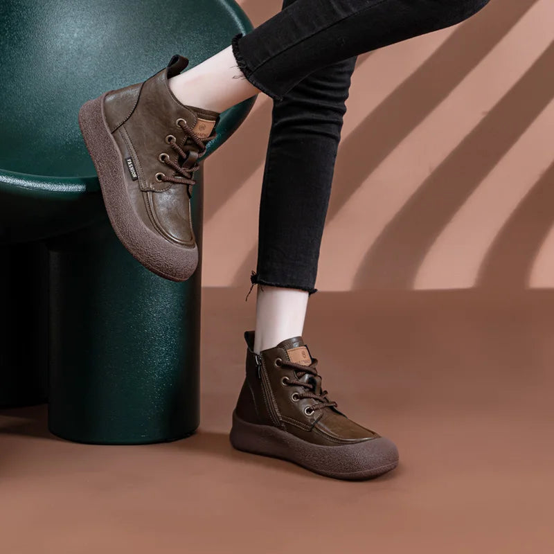 AIYUQI Damen-Stiefeletten, braun, Schnürung, flache Profilsohle, seitlicher Reißverschluss