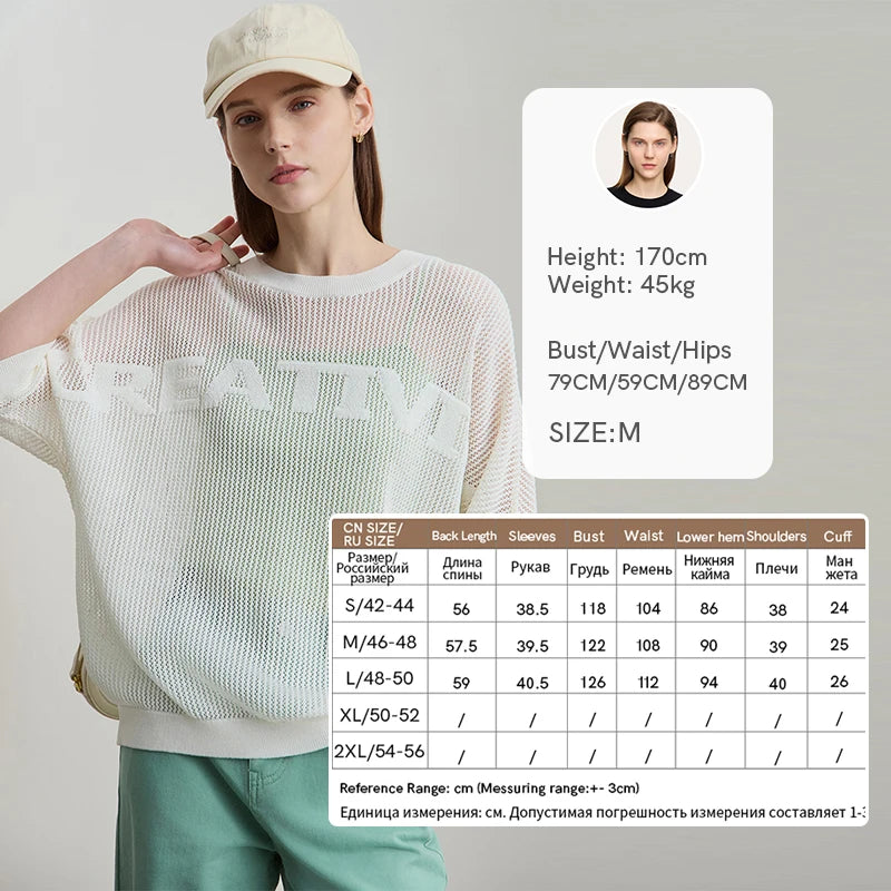 Damen-Strickpullover mit Rundhalsausschnitt, Lochmuster und Schriftzug, creme