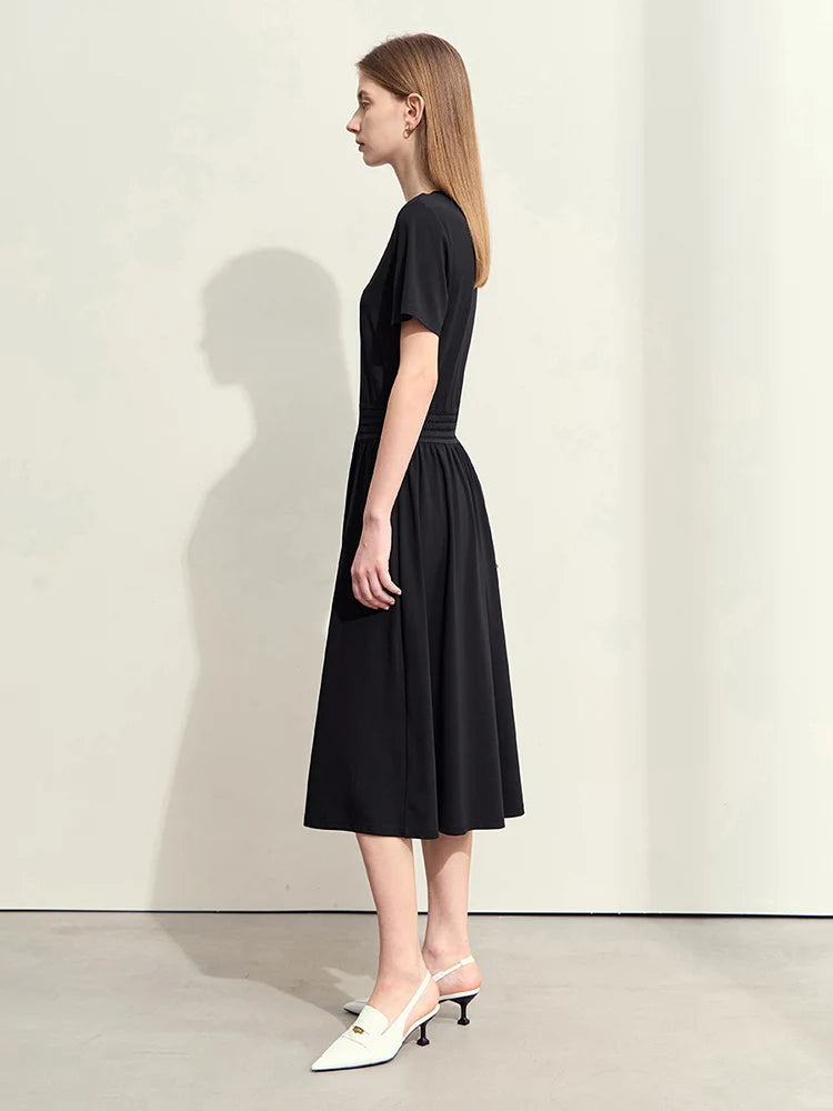 Bequemes Damenkleid Mit V-Ausschnitt Und Elastischer Taille Für Bürodamen