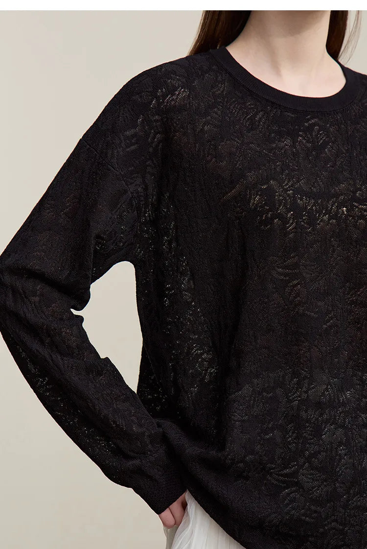 Damen-Rundhalspullover Jacquard Raglan locker lang Lyocell Frühling