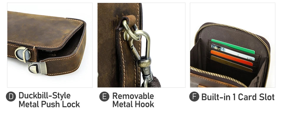 Kaffeefarbene Ledertasche: Metall-Push-Lock, abnehmbarer Haken und Kartenfach