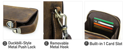 Kaffeefarbene Ledertasche: Metall-Push-Lock, abnehmbarer Haken und Kartenfach