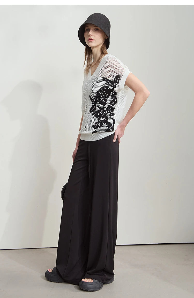 Damen V-Ausschnitt Pullover Viskose Kurzarm Aushöhlung Sommer