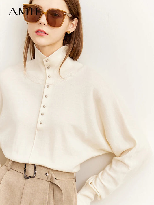 Damen-Rollkragenpullover 100 % Wolle locker Fledermausärmel Herbst