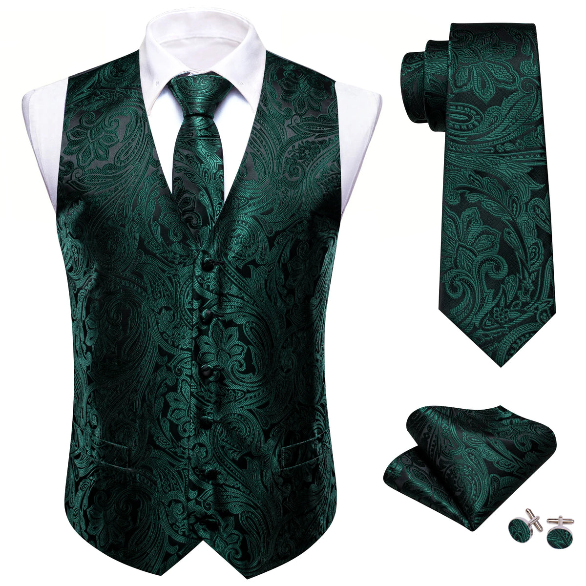 Herrenweste Jacquard in Dunkelgrün mit Ornamenten, Set mit passender Krawatte