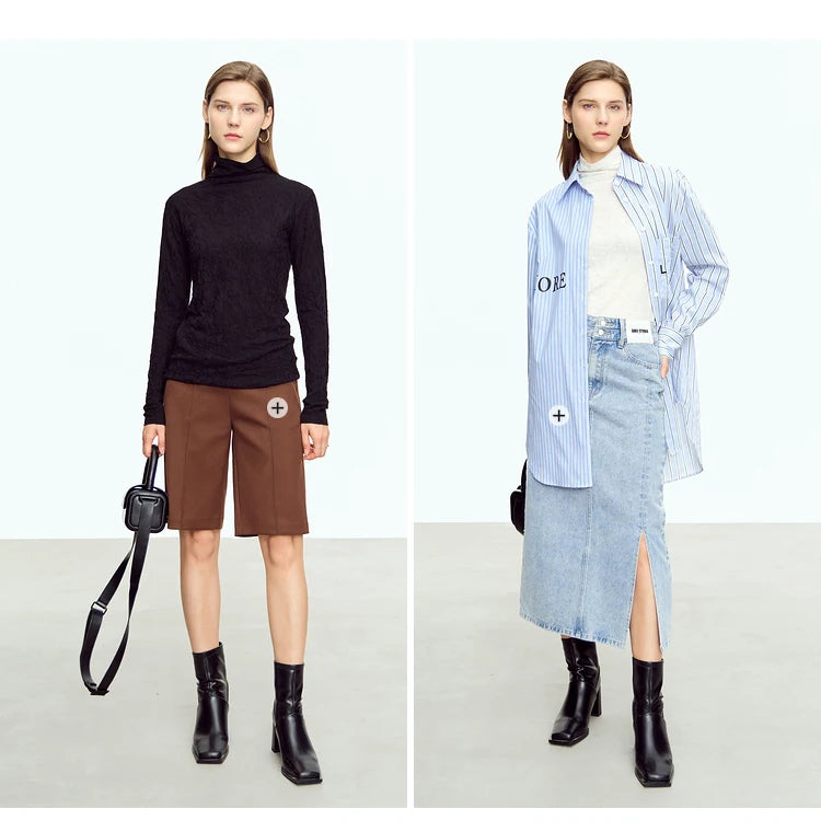 Damen-Rollkragenpullover Wolle Slim einfarbig Büro Winter
