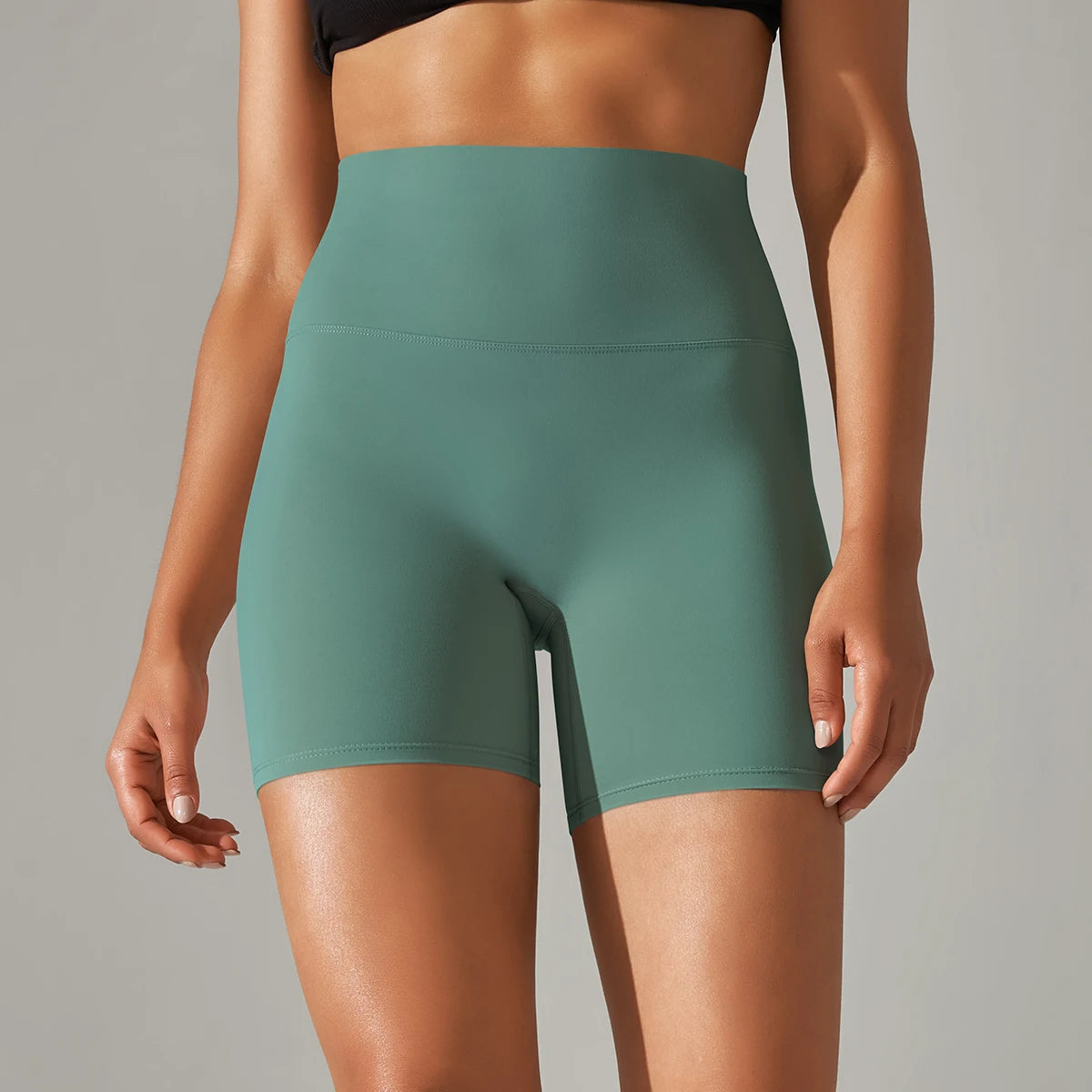 Nahtlose Sportshorts mit hohem Bund für Frauen, petrolgrünblau