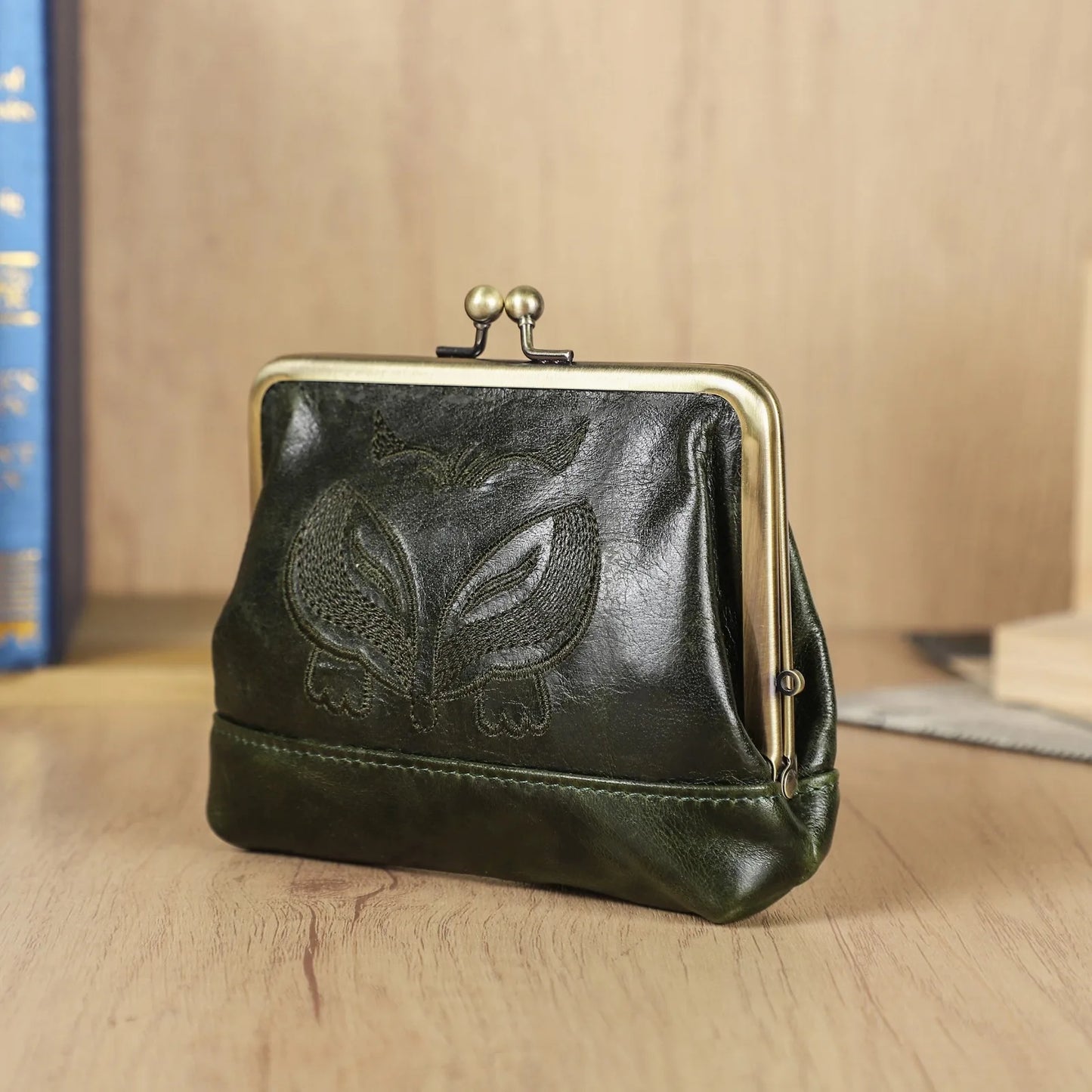 Damen Echtleder Münzbörse Vintage Fuchs Stickerei Klickverschluss Kartenfächer