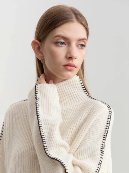 Damen-Rollkragenpullover Wolle Stickerei locker Weihnachten Winter