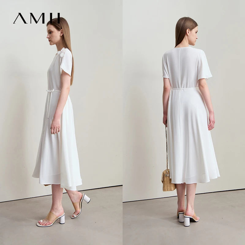 Elegantes Damen Chiffon Midi Kleid Mit Gürtel Business Look