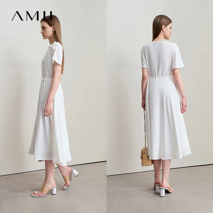 Elegantes Damen Chiffon Midi Kleid Mit Gürtel Business Look