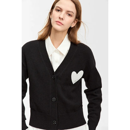 Damen-Strickjacke V-Ausschnitt Wollstickerei locker romantisch Winter