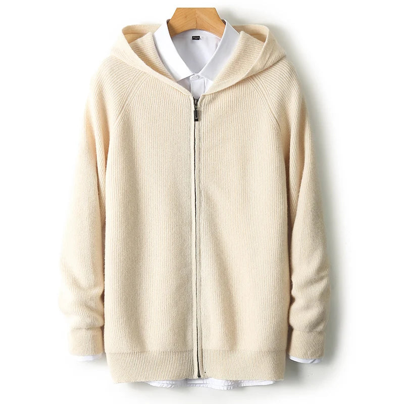 Herren Kapuze Strickjacke Woll jacke Herbst/Winter verdickt große 100% Merinowolle Pullover Reiß verschluss Casual Sportswear Mantel Tops