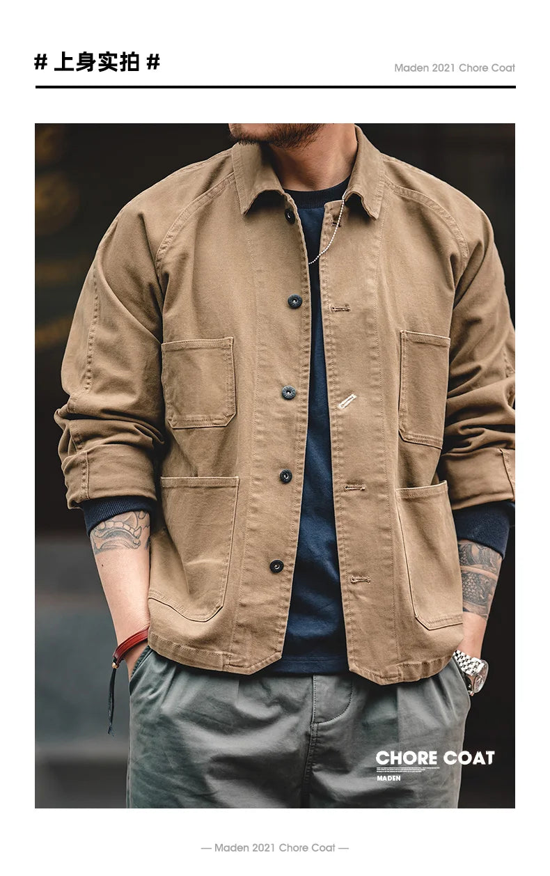 Herren Mantel aus schwerem Twill mit vier Taschen im Khaki-Farbton