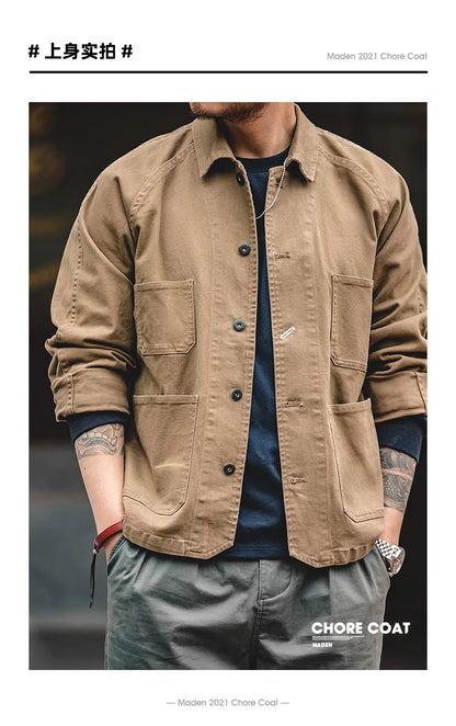 Herren Mantel aus schwerem Twill mit vier Taschen im Khaki-Farbton