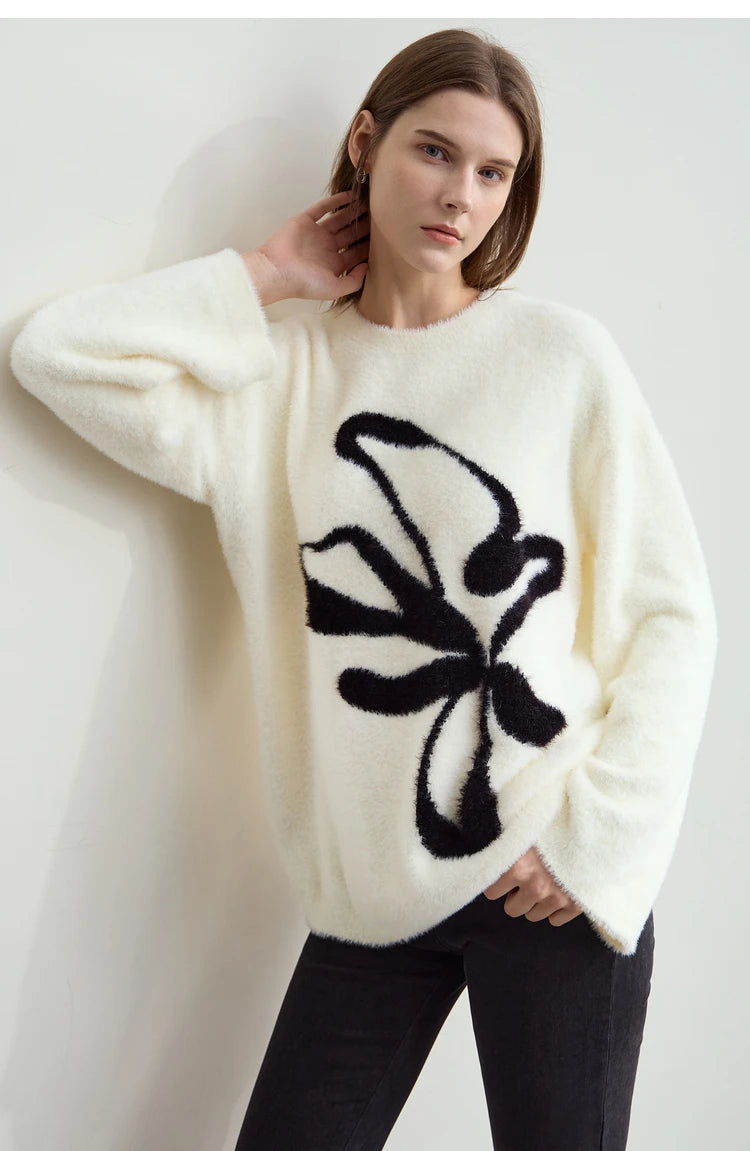 Damen-Jacquardpullover, cremig-weiß, mit schwarzem Schleifenmuster, Rundhalsausschnitt, Langarm