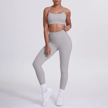 Damen Yoga-Set: grauer Sport-BH und Leggings, schmale Träger, hohe Taille