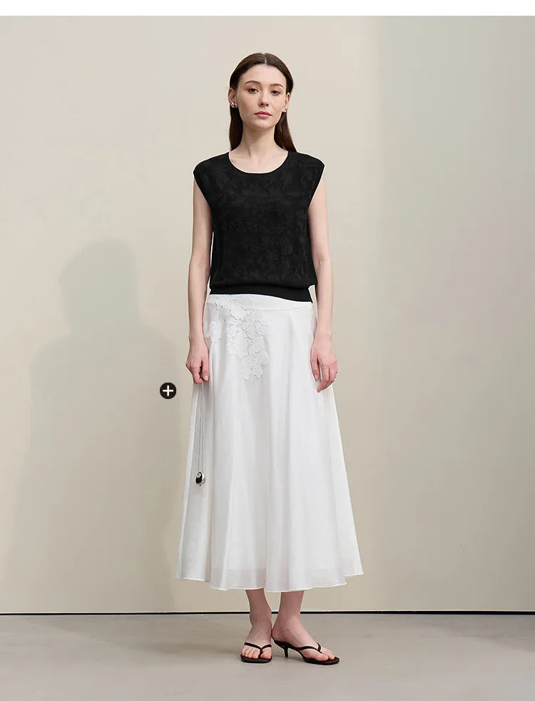 Damen-Rundhalspullover ärmellos Jacquard locker kurz Viskose Sommer