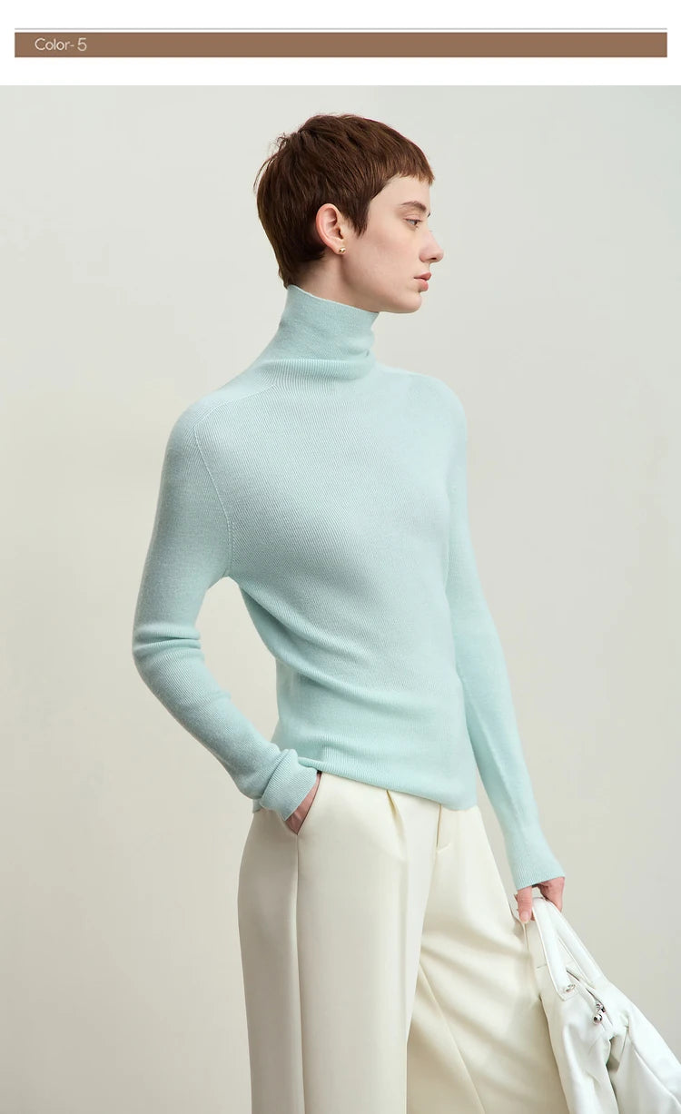 Damen-Rollkragenpullover 100 % Wolle Kammgarn schlank Winter