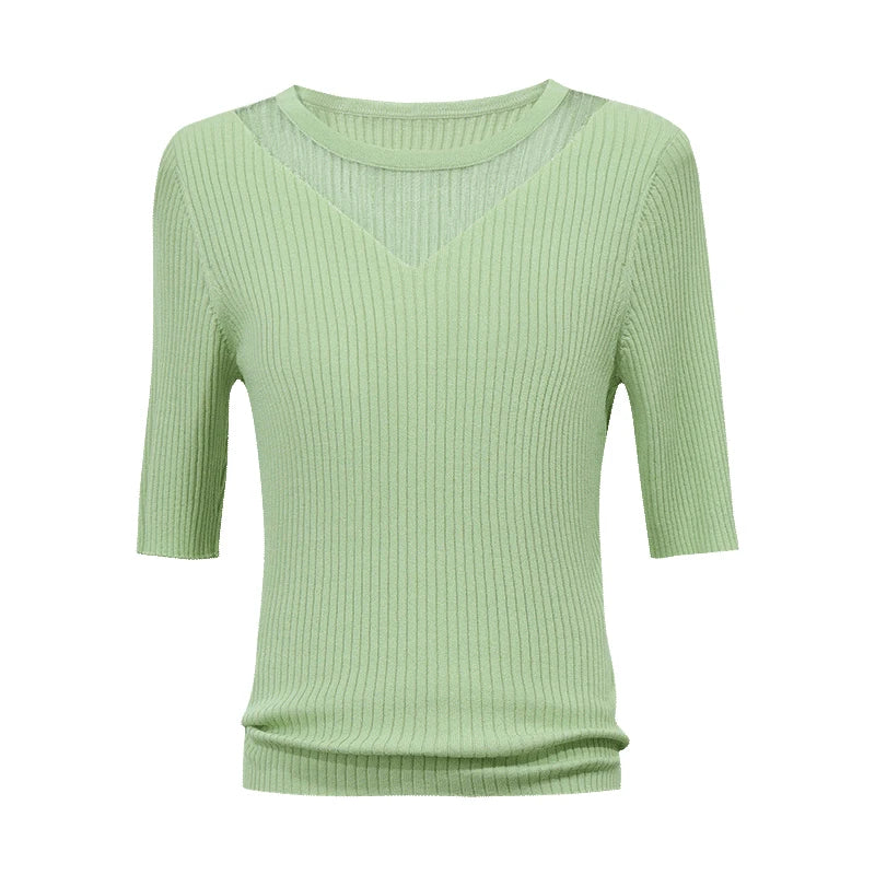 Damen-Rundhalspullover Mesh-Panel Slim Kurzarm Viskose Sommer