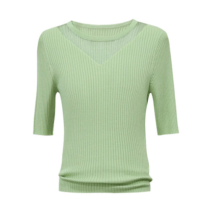 Damen-Rundhalspullover Mesh-Panel Slim Kurzarm Viskose Sommer