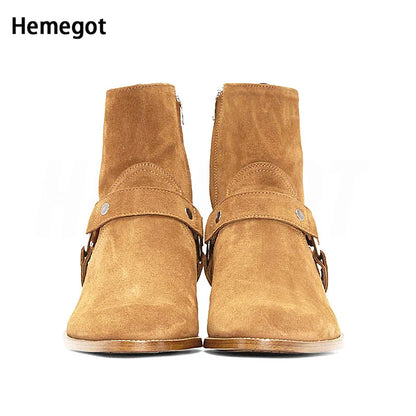 Herren-Stiefeletten, camelfarbenes Wildleder, Schnallenriemen, runde Fersenpartie