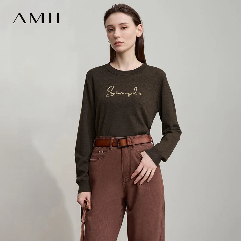 Langarm-T-Shirt für Damen, braun, Rundhalsausschnitt, gerader Schnitt, Schriftzug „Simple“