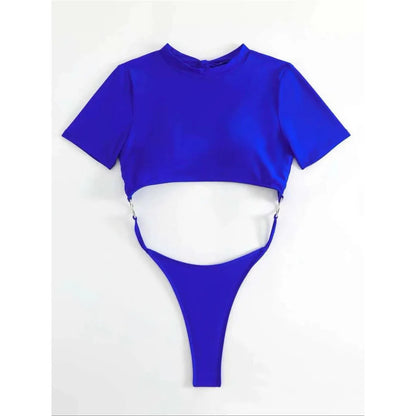 Damen Badeanzug Micro Tanga Cut-Out Monokini Kurzarm 9 Farben