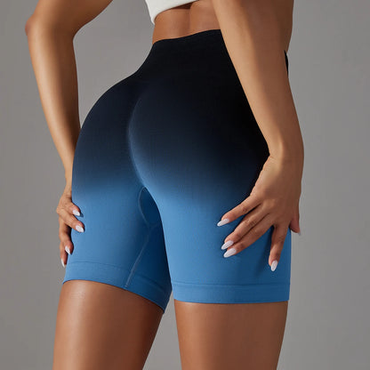 Nahtlose High-Waist Yoga-Shorts mit Push-up, Farbverlauf schwarz zu blau