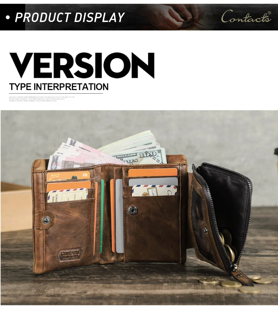 Herren Echtleder Geldbörse Vintage Kartenhalter Fotohalter Münzfach Reißverschluss Geschenk