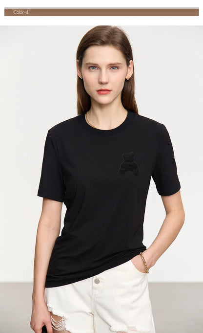 Damen Top im minimalistischen Stil mit Bären-Applikation und O-Ausschnitt