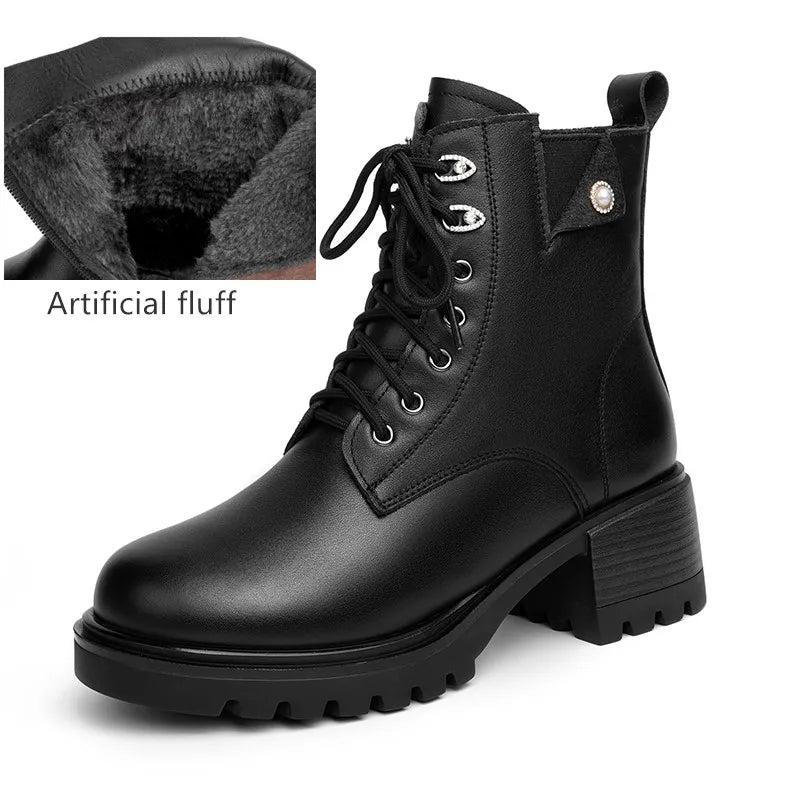 Damen-Winterstiefelette, schwarzer Schnürstiefel mit Wollfutter und griffiger Profilsohle