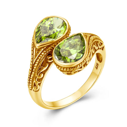 Damen-Ring tropfenförmiger Smaragd in Silber mit goldfarbener Beschichtung Ideal Als Hochzeits- oder Festgeschenk