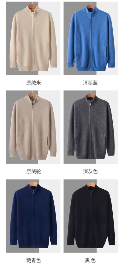 Stehkragen Reißverschluss Strickjacke Pullover Herrenmantel Business Casual Herbst Winter neue reine Wolle Strickjacke Männer Doppeltaschen