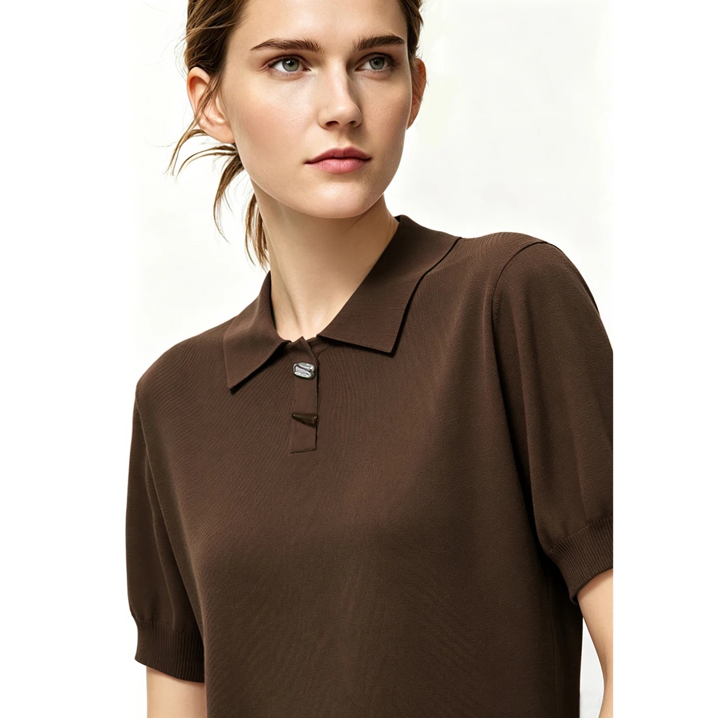 Damen-Polostricktop, kurzarm, dunkelbraun, mit Knopfleiste und Kragen-Detail