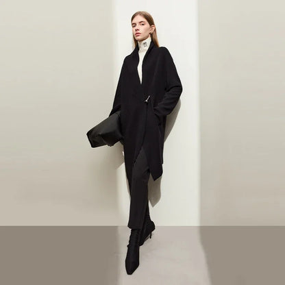Damen-Strickjacke Wolle Umlegekragen lang locker Tasche Herbst