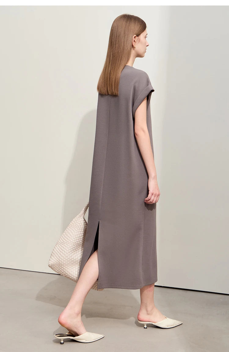 Damen Kleid für Sommer neue lässige O-Ausschnitt Kurzarm Midi gerade Perlen Stickerei Kleid Dame