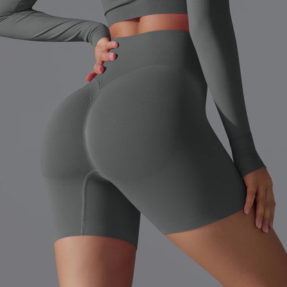 Sportshorts für Frauen in Dunkelgrau mit Scrunch-Effekt, hohe Taille