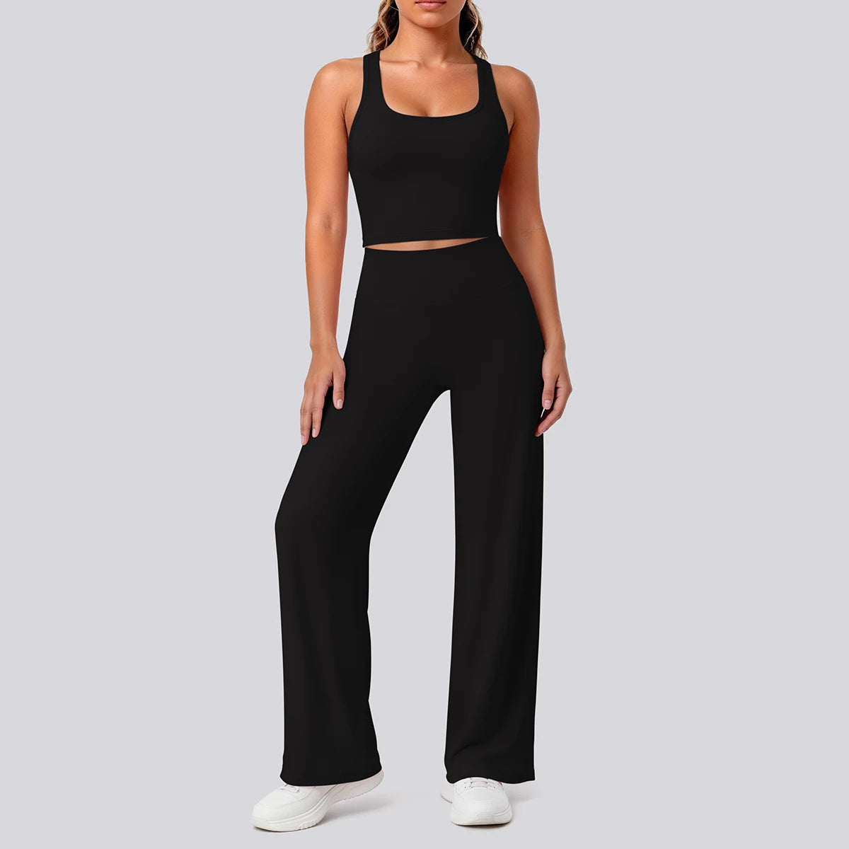 Damen-Yoga-Set in Schwarz: ärmelloses Crop-Top, hohe Taille, lange weite Hose