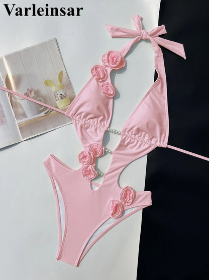 Damen Badeanzug 3D-Blumen tiefer V-Ausschnitt hoher Beinausschnitt Monokini rosa-rot