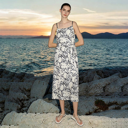 Elegantes Langes Sommerkleid Mit Gürtel Und Blumendruck Für Frau