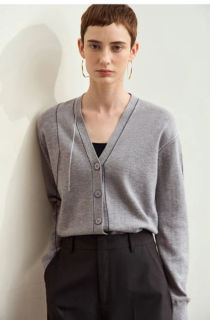 Damen-Strickjacke V-Ausschnitt Patchwork Raglan Wolle-Mix Herbst
